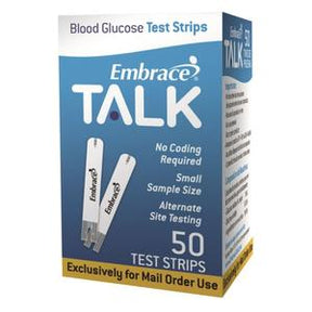 Embrace Talk 50 count blood glucose test strips box for diabetes monitoring
