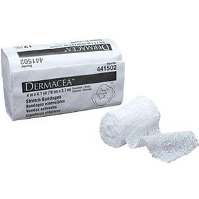 Dermacea stretch bandage roll, white medical gauze, unopened and partially unrolled