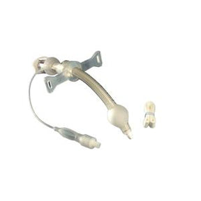 Medical tracheostomy tube with connector and adjustable neck band on white background