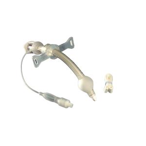 Medical tracheostomy tube with connector and adjustable neck band on white background