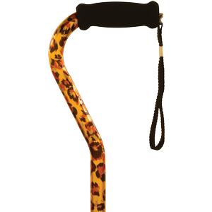 Leopard print walking cane with ergonomic black foam handle and wrist strap