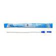 Sterile intermittent urinary catheter with blue insertion tip and packaging on white background