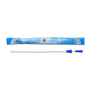 Sterile intermittent urinary catheter with blue insertion tip and packaging on white background