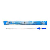 Sterile intermittent urinary catheter with blue insertion tip and packaging on white background