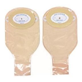 Two beige ostomy pouches with adhesive barriers for medical use, isolated on white background
