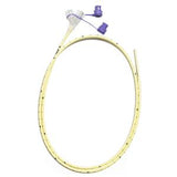 Medical feeding tube with connectors and measurement markings on a white background