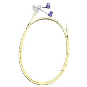 Medical feeding tube with connectors and measurement markings on a white background