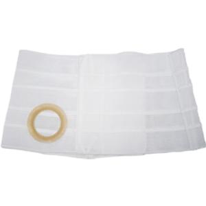 Ostomy belt with elastic white band and circular opening for medical stoma care
