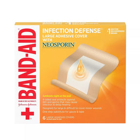 Band-Aid Infection Defense large adhesive bandages with Neosporin, 6 count box.