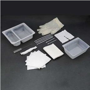 Sterile wound care kit with gloves, gauze pads, trays, swabs, and forceps on black surface