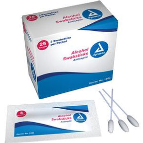 Dynarex alcohol swabsticks box with individually wrapped antiseptic swabsticks and cotton applicators for medical use