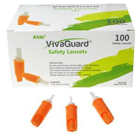 Box of VivaGuard safety lancets with three orange lancets displayed in front, medical supply