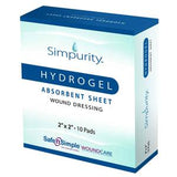 Simpurity Hydrogel absorbent sheet wound dressing box, 2x2 inch, 10 pads