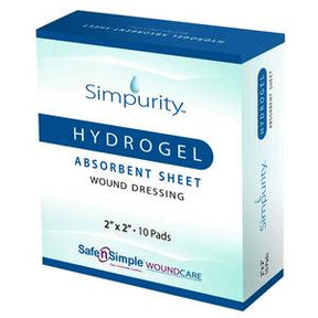 Simpurity Hydrogel absorbent sheet wound dressing box, 2x2 inch, 10 pads