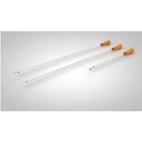 Three sterile medical catheters with orange tips on a light background.