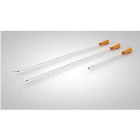 Three sterile medical catheters with orange tips on a light background.