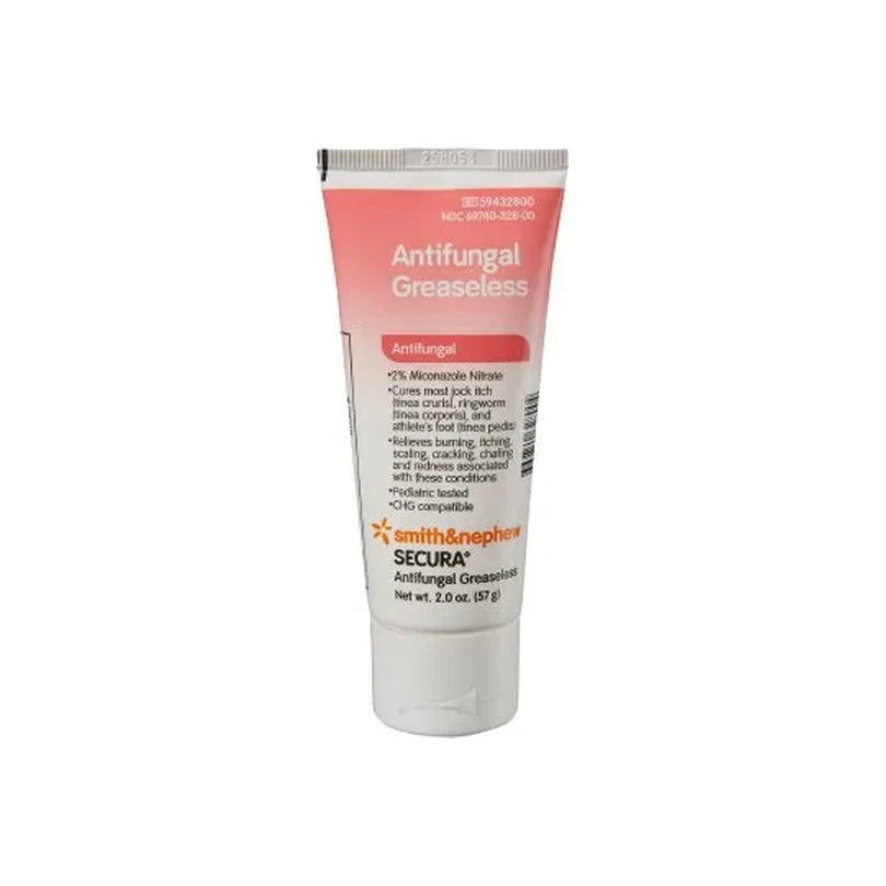 Tube of antifungal greaseless cream for skin, labeled SECURA by smith & nephew, 2 oz size.