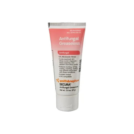Tube of antifungal greaseless cream for skin, labeled SECURA by smith & nephew, 2 oz size.