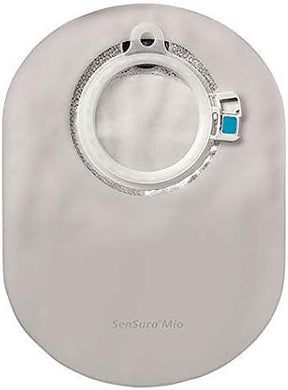 Front view of a beige SenSura Mio ostomy bag with round opening and filter.