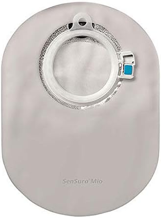 Front view of a beige SenSura Mio ostomy bag with round opening and filter.