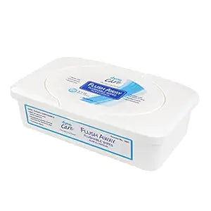Disposable flushable wipes in a white plastic container for hygiene and personal care