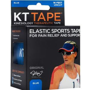 KT Tape blue elastic kinesiology tape box for pain relief and muscle support with athlete