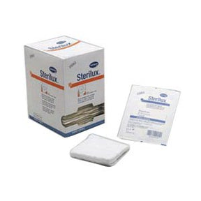 Sterile gauze pads and box, medical wound care supplies on white background