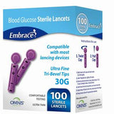 Box of Embrace blood glucose sterile lancets, 30G, 100 count, purple, for lancing devices
