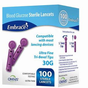Box of Embrace blood glucose sterile lancets, 30G, 100 count, purple, for lancing devices