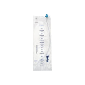 Sterile closed system catheter kit with drainage bag for medical use on white background
