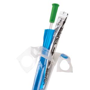Sterile medical catheter with green handle in protective packaging