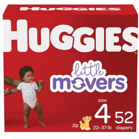 Huggies Little Movers size 4 diapers box with baby image, 52 count, red packaging