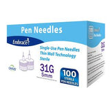 Box of Embrace 31G 5mm sterile single-use pen needles for medical use, 100 count