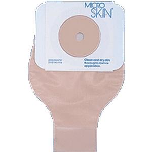 Ostomy pouch with beige barrier and round cutout, medical supply for stoma care