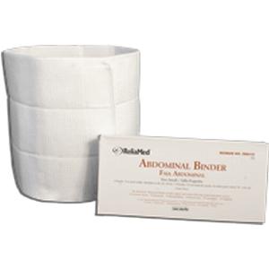 White abdominal binder medical support wrap with product packaging for post-surgery recovery