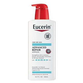 Eucerin Advanced Repair Lotion bottle for very dry skin with red pump, 500ml, medical moisturizer