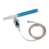 Medical oxygen nebulizer kit with blue mouthpiece and clear tubing on white background