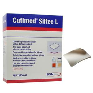Cutimed Siltec L thin silicone foam dressing box and single absorbent medical dressing pad