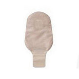 Beige closed ostomy pouch for medical use on a white background