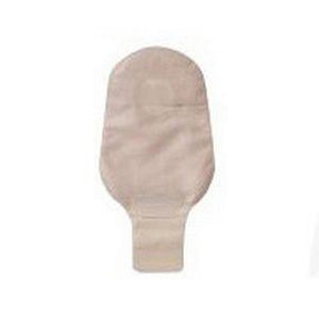 Beige closed ostomy pouch for medical use on a white background