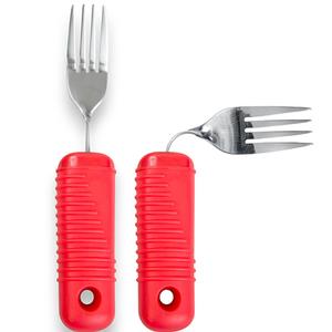 Adaptive fork with red ergonomic handle for easier grip, ideal for limited mobility and arthritis