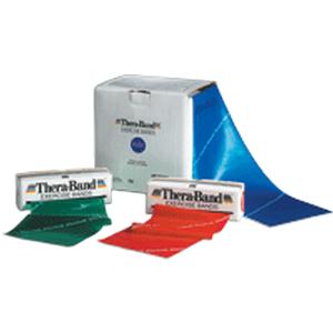 TheraBand exercise resistance bands in blue, red, and green for physical therapy