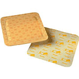 Two medical adhesive wound dressings with tan and printed backing, square shape.