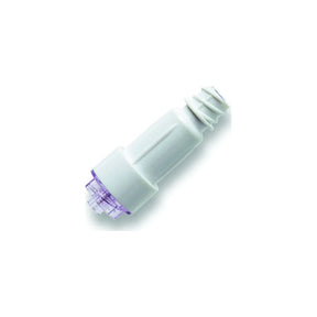 White medical needleless connector with purple tip on white background