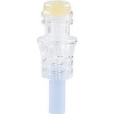 Close-up of a clear needleless IV connector with blue base and yellow cap, medical supply