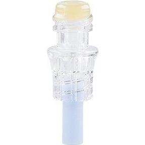 Close-up of a clear needleless IV connector with blue base and yellow cap, medical supply