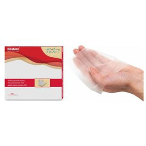 Transparent wound dressing pad shown on hand next to product packaging, medical supplies