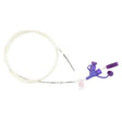 Medical feeding tube with clear flexible tubing and purple connectors on a white background
