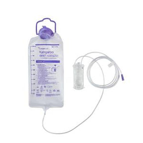 Enteral feeding bag with tube and purple cap for home medical nutrition support