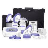 Double electric breast pump kit with bottles, accessories, ice pack, and travel bag